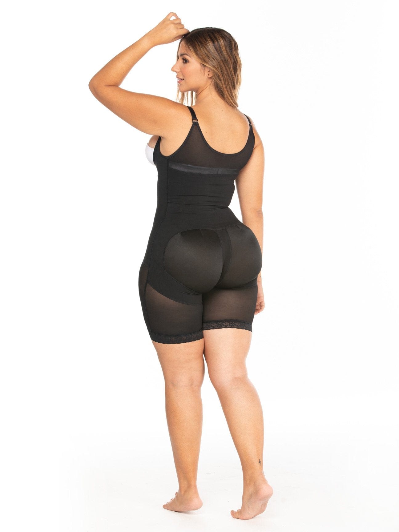 back view thick curvy latina butt lifter wearing high compression faja with vest