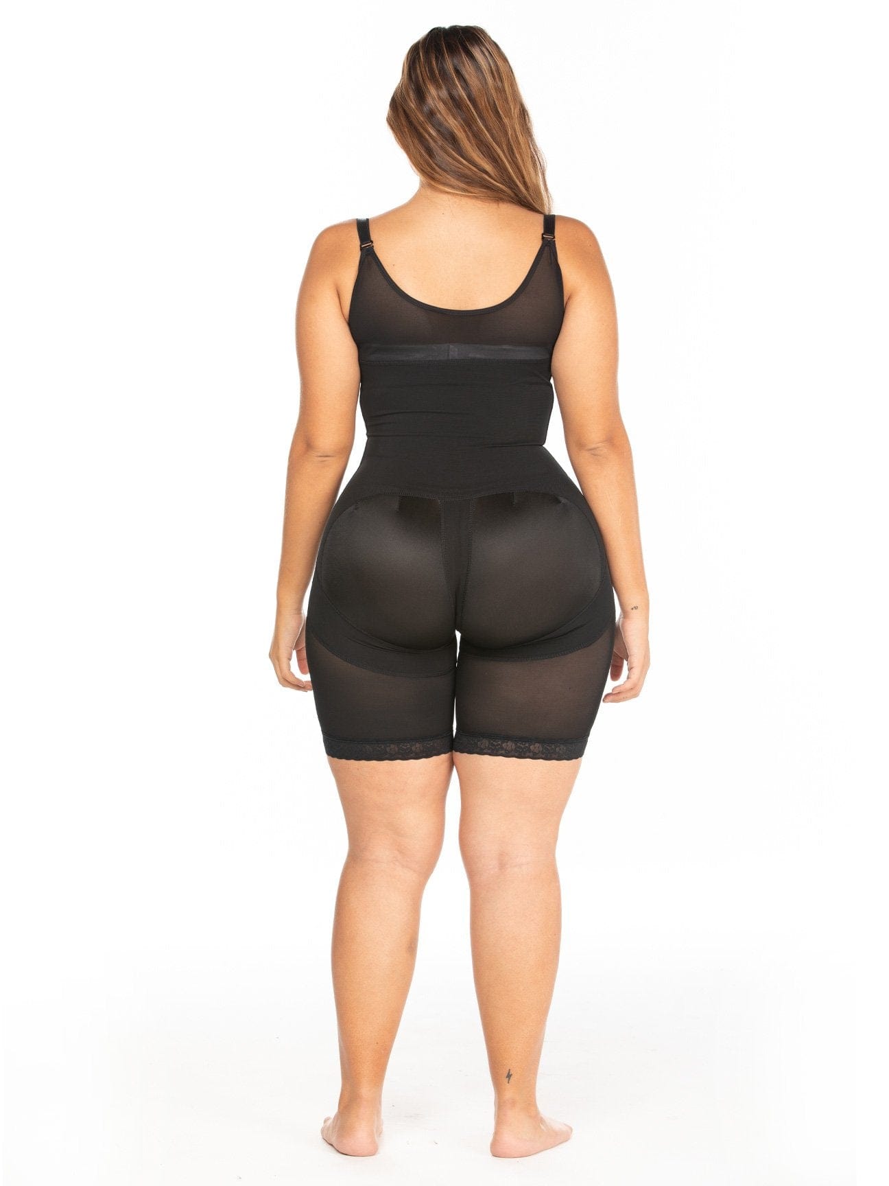 back view curvy latina wearing high compression body shaper faja with butt lifter and vest